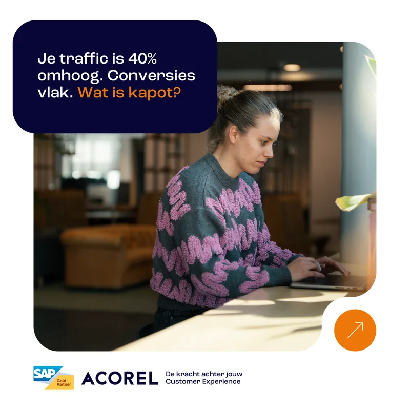 LinkedIn ad for Acorel: 'Je traffic is 40% omhoog. Conversies vlak. Wat is kapot?'